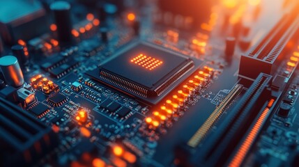 Close-up of glowing circuit board with processor