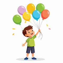 A cheerful young boy holding a bunch of colorful balloons, smiling happily.