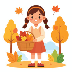Happy girl collecting autumn leaves in a basket outdoors.