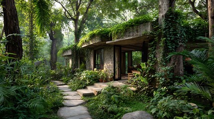 Naklejka premium natural accommodation surrounded by tamarind trees and dense forest plants