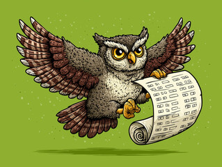 Cartoon owl flying while holding a scroll on green background  