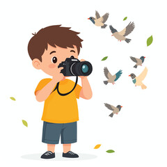 A young boy enthusiastically photographs flying birds with a camera.