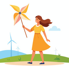 A woman in a yellow dress holds a pinwheel, with wind turbines in the background, symbolizing renewable energy.