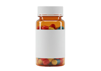 Isolated Pill Bottle with Blank Label and Colorful Capsules