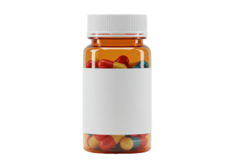 Isolated Pill Bottle with Blank Label and Colorful Capsules