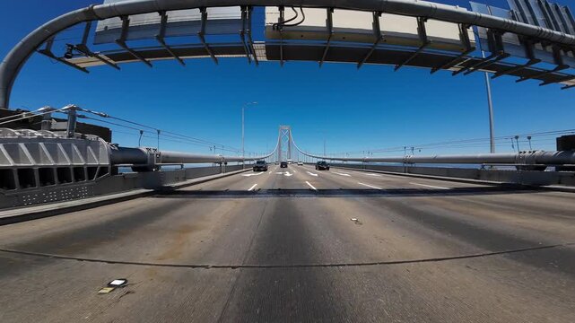 San Francisco Bay Bridge Westbound Treasure Island to San Francisco 05 Rear View 80 West Driving Plate California USA Ultra Wide