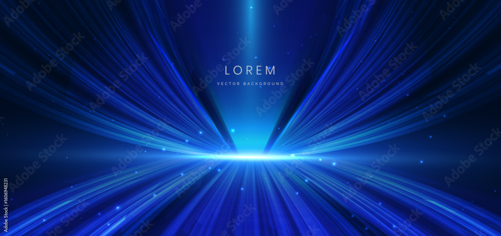 Poster blue light lines curved on dark background with lighting effect and sparkle. speed motion blur effec