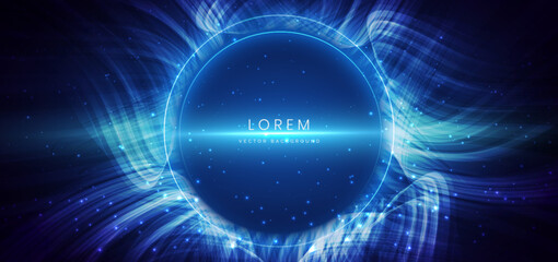 Blue glowing wave lines with circle lighting effect and sparkle on dark blue background.