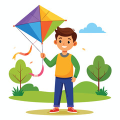 A boy is holding a colorful kite in a park with green trees and a blue sky.