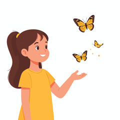 A young girl with a joyful expression, watching butterflies flutter around her outstretched hand.