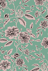 floral seamless pattern ink drawing. Black hand drawn flowers and leaves with dotted texture. Vector hawaii repeat background, wallpaper, print. Modern illustration.