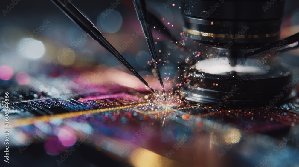 Poster microscopic robotic arms delicately apply sparkling nanomaterials onto a faulty oled microchip, show