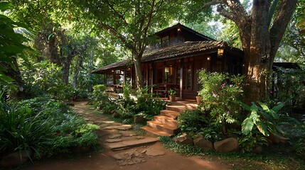 Naklejka premium peaceful nature accommodation surrounded by tamarind trees and abundant greenery