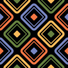 Diagonal checkered grid with small multicolored concentric squares isolated on a black background. Simple and colorful design. Modern ethnic style. Seamless repeating pattern. Vector illustration.