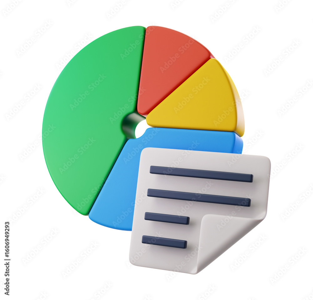 Poster colorful 3d pie chart with document report: business data analysis concept
