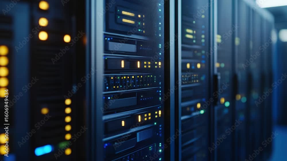 Poster row of servers in a data center or server room setting
