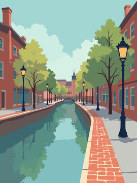 Frederick, MD &ndash; Carroll Creek Canal and brick walkways in canal teal, brick red, walkway gray, and lantern amber