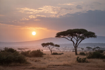 breathtaking view of savanna plain in botswana during golden hour light showcasing stunning natural symmetry of
