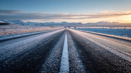A winter road scene with snow covered mountains on the horizon at sunset