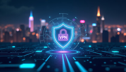 VPN connection interface overlaying city skyline at night