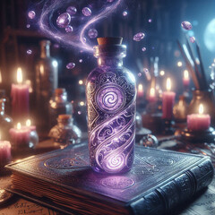 A mystical purple glass vial with silver runes, swirling with glittering liquid. It floats above an ancient spellbook in a fantasy alchemist’s workshop, candlelit ambiance