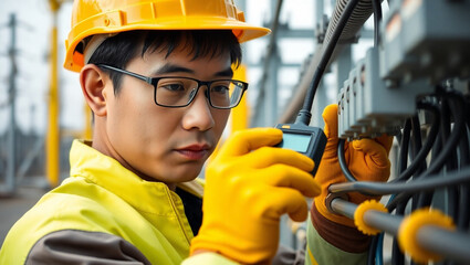 A closeup shot of an Asian electrical technician wearing a yellow helmet and gloves, carefully inspecting power cables