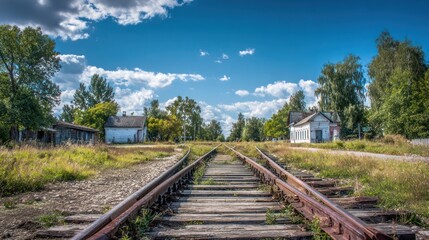 Fototapeta premium Railroad tracks fading into the distance under blue sky with clouds and green foliage