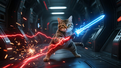 Brave tabby cat wielding glowing lightsabers in futuristic spaceship corridor, sparks flying, sci-fi fantasy pet concept