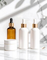 Naklejka premium Minimalist skincare set with amber dropper bottle and white containers on marble surface