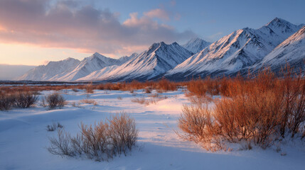 Fototapeta premium breathtaking view of tundra plain in greenland during soft twilight showcasing stunning seasonal transition