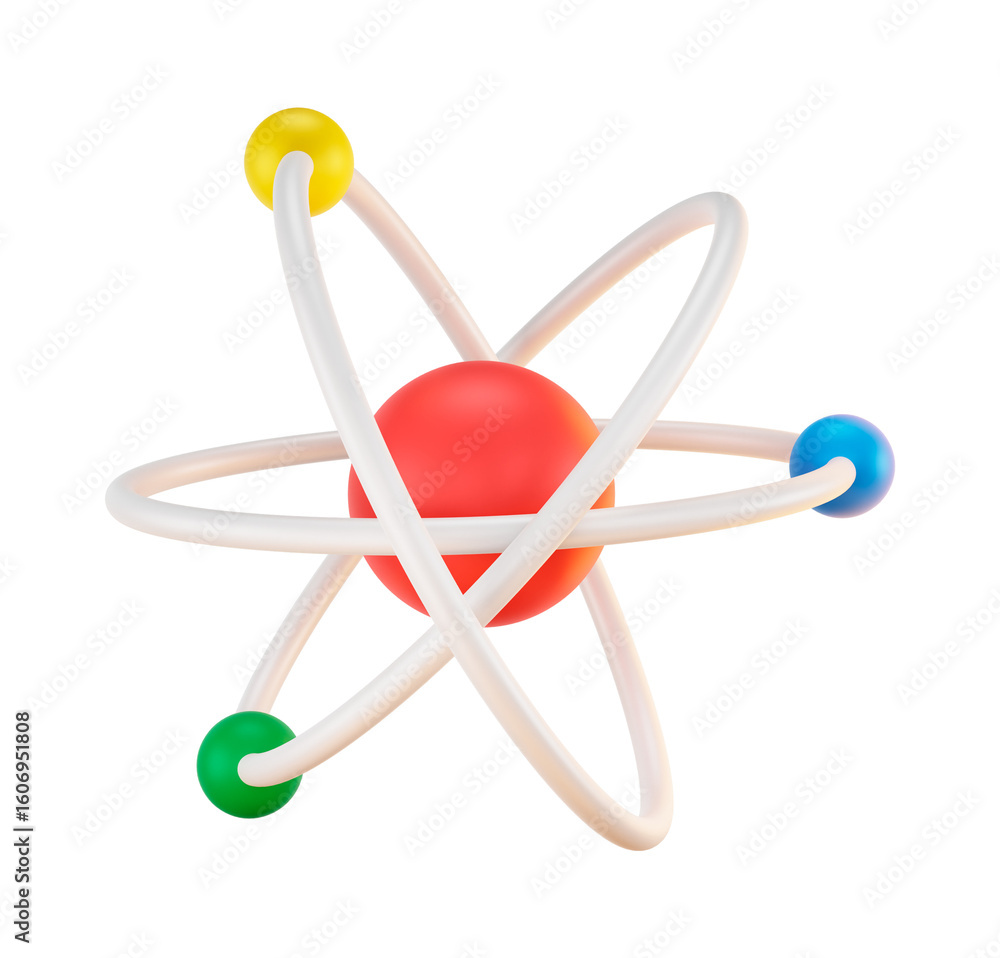 Poster abstract 3d rendering of a colorful atom model; science, technology, and education concept.