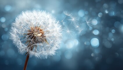 Obraz premium A dandelion seed head in soft focus, surrounded by bokeh.