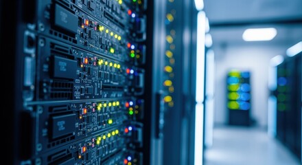 Closeup of advanced computing hardware with LED indicators in a futuristic cloud infrastructure facility.