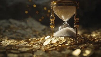 An hourglass with white sand stands on a pile of gold coins, symbolizing time and wealth. The scene features soft lighting and blurred golden particles in the background. - Powered by Adobe