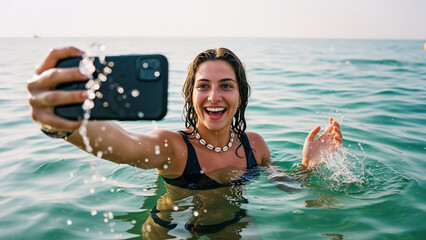Young woman smiling and taking a selfie with a smartphone while swimming in the sea, capturing joyful summer beach moments and enjoying water splashes, fun vacation social media content concept