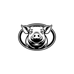A stylized, black and white graphic of a pig's head centered within an oval frame.