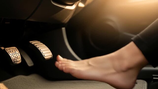Barefoot driving: A woman presses the accelerator pedal in a car, focusing on safety and control.