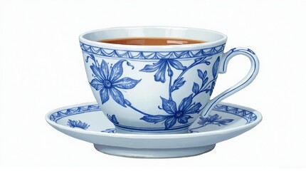 Elegant blue floral patterned teacup filled with a warm beverage on a saucer