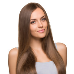 Naklejka premium beautiful woman with long flowing brown hair smiles isolated on white background