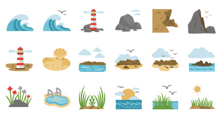 Coastal landscape flat vector icons set, 15 elements