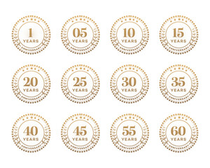 Gold Anniversary Badges 1, 5, 10, 15, 20, 25, 30, 35, 40, 45, 55, 60 Years – Vector Logos for Branding
