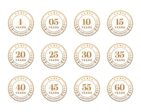 Gold Anniversary Badges 1, 5, 10, 15, 20, 25, 30, 35, 40, 45, 55, 60 Years – Vector Logos for Branding