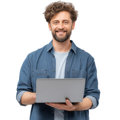 Portrait of a happy man with a laptop, standing and smiling at the camera, isolated on a transparent background 