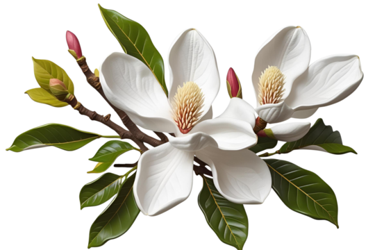 A branch of blooming white magnolias with bright green leaves and pink buds, isolated on a white transparent background.
