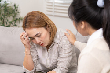Therapy, depression, counseling, therapist hand on shoulder of anxious woman comforts depressed...