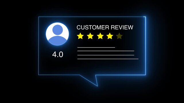 Glowing neon Rating 4 stars icon animation. animation customer review concept, character giving fore star feedback on neon rectangle. animated customer satisfaction rating
