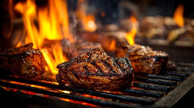 thick meat portions grilling over hot charcoal with flames