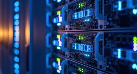 Closeup of advanced computing hardware with LED indicators in a futuristic cloud infrastructure facility.