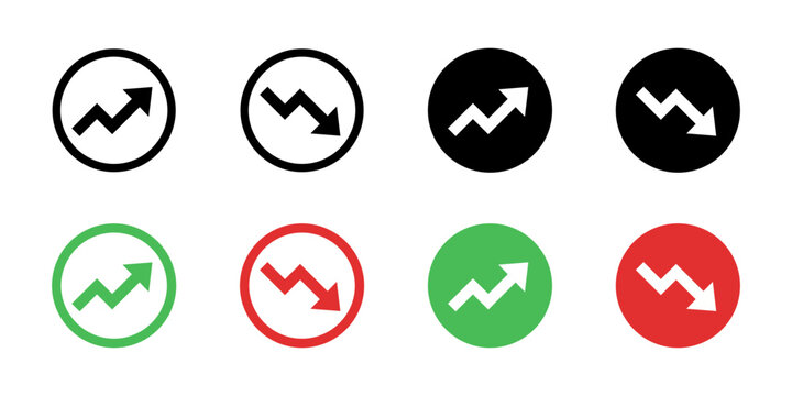 Trend icon. Zigzag arrow in circle vector illustration. Market chart symbol with upward or downward direction sign. Finance data UI sign. Business growth pictogram.