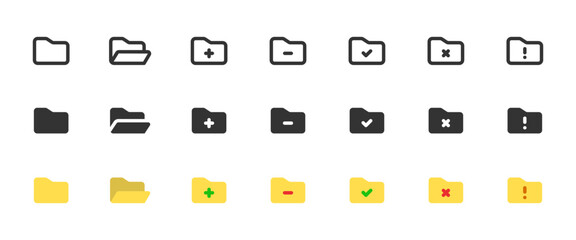 Folder icon set. File folder with add, remove, error or check badge vector illustration. Document management UI symbol. Folder alert or status control sign. Minimal clean pictogram.
